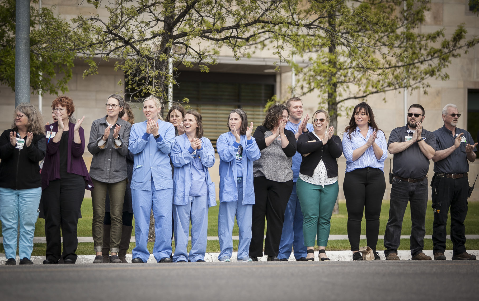 Hospital staff forms a line